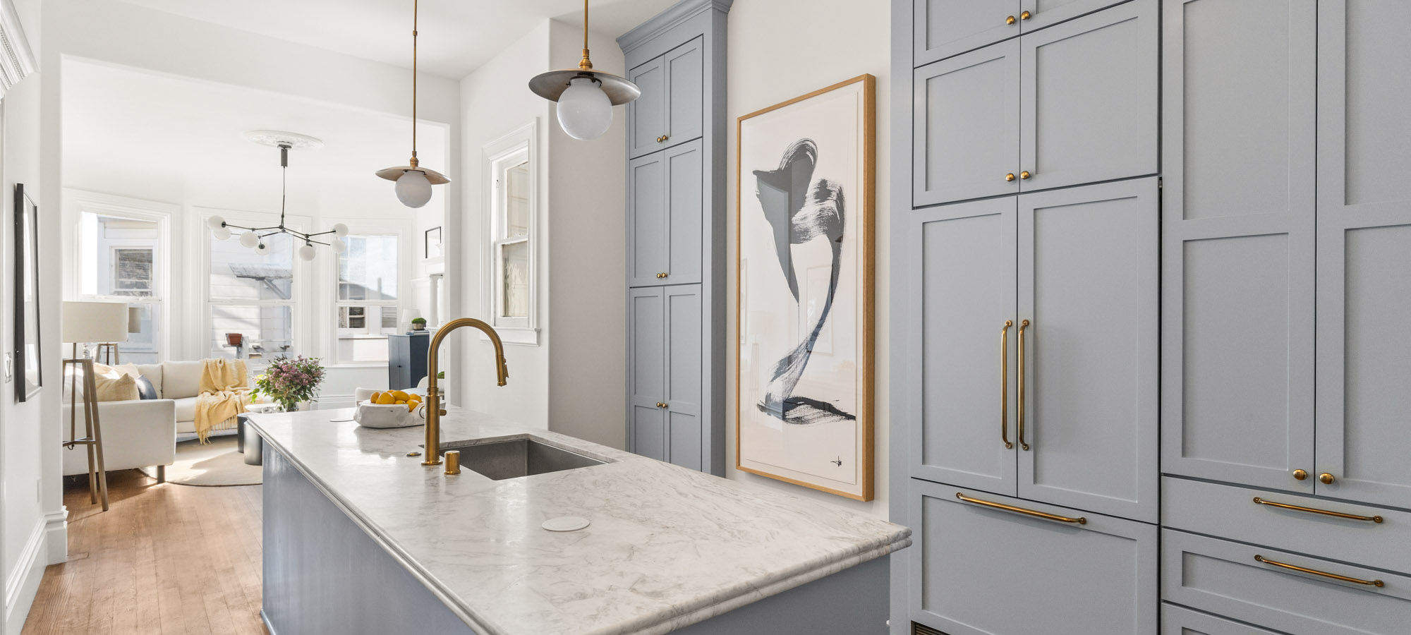Victorian kitchen remodel with blue cabinets